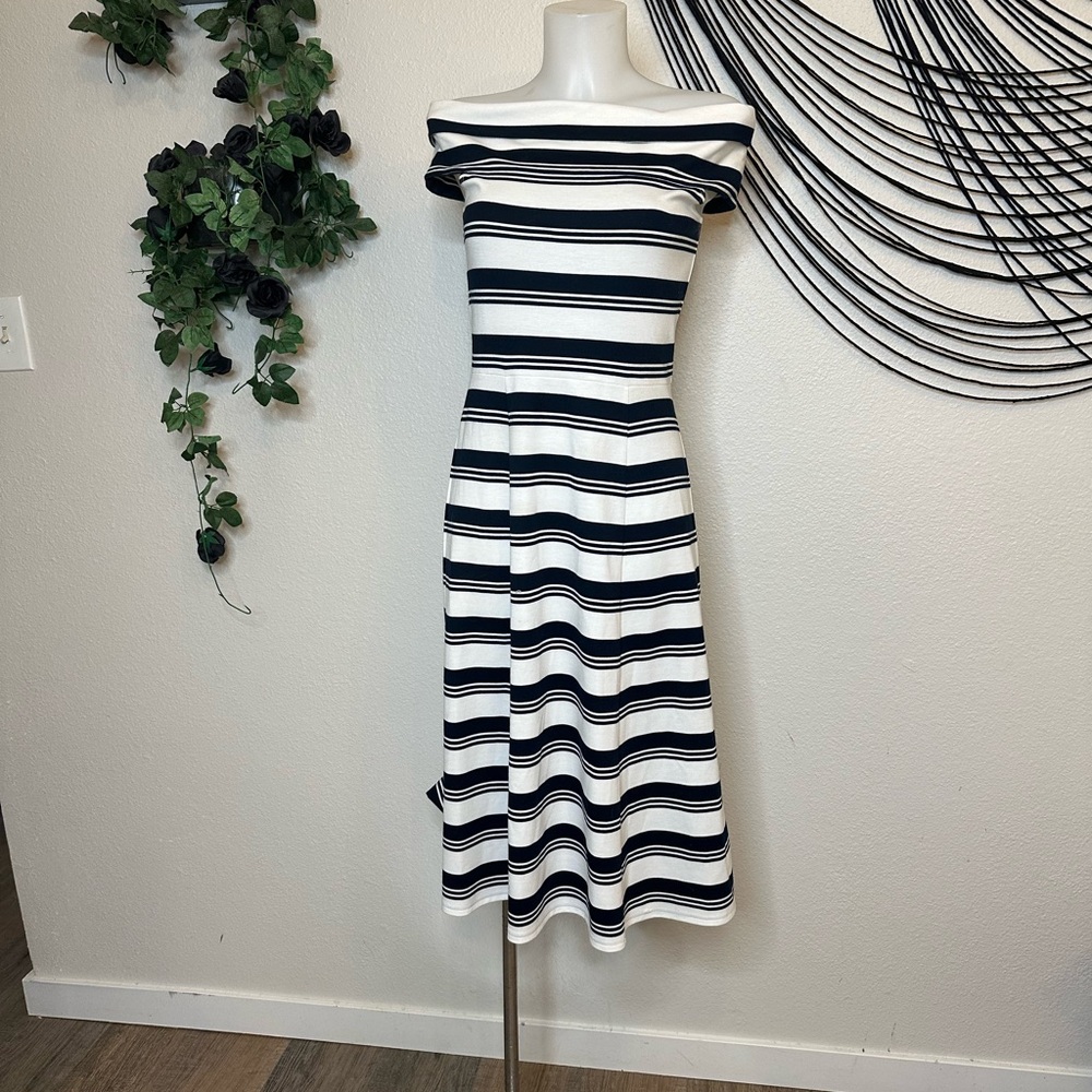 10 Crosby Derek Lam Black and White Off the Shoulder A-Line Midi Dress